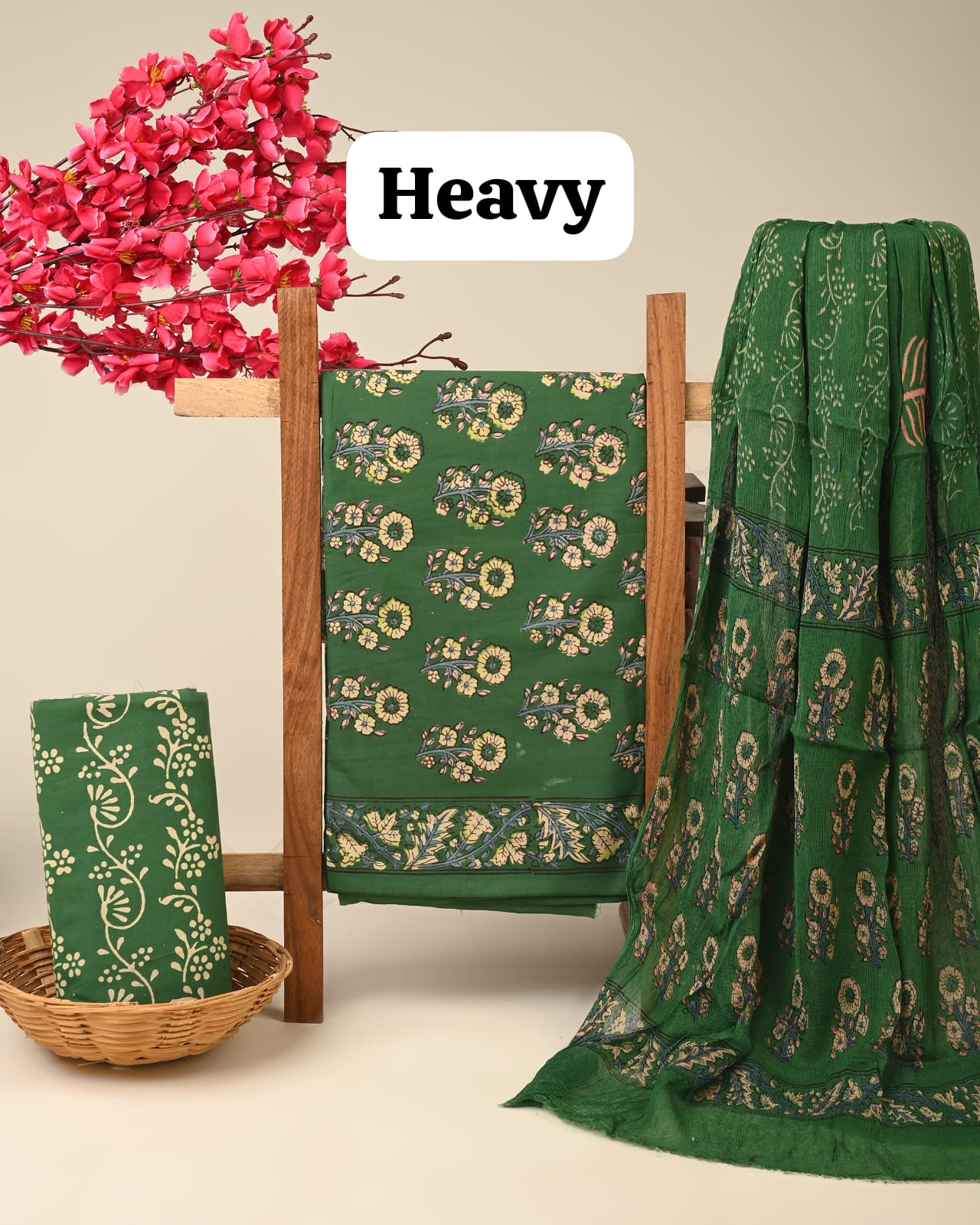 Green buta jaal cotton dress material with chiffon dupatta wholesale, handblock printed cotton dress material for boutiques by Fabtexs